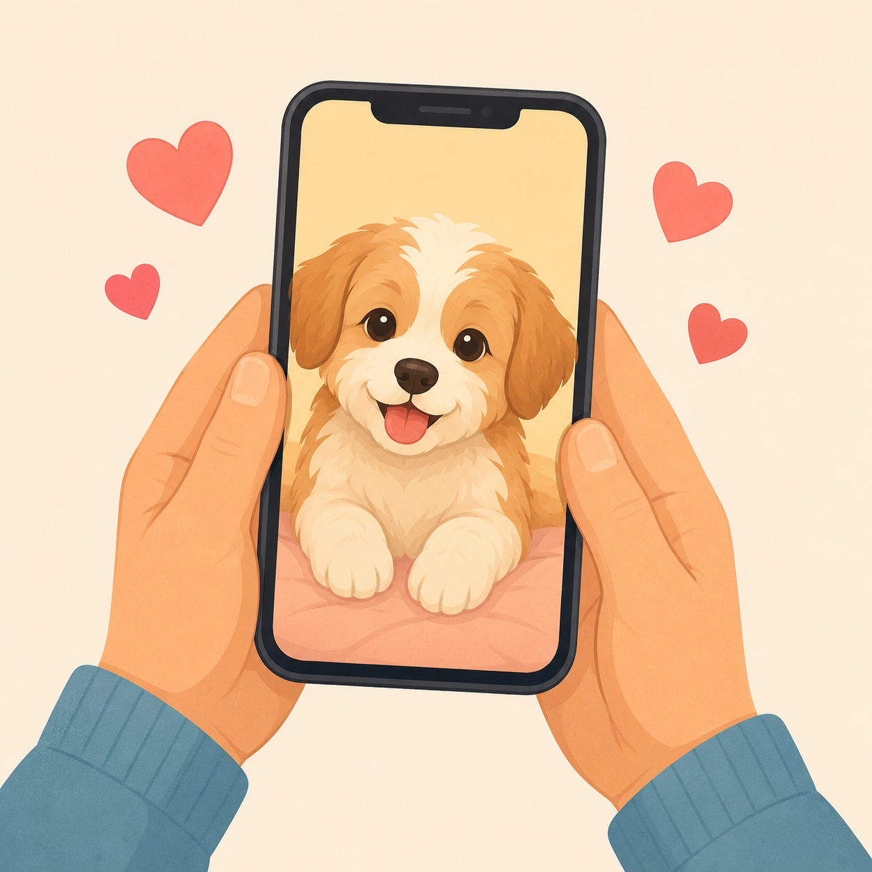 Handen die een smartphone vasthouden met een schattig hondje op het scherm