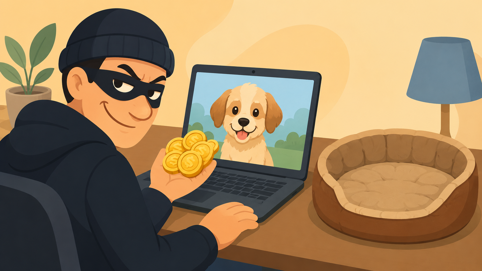 Oplichter aan een laptop met een schattige hondenfoto, die geld int