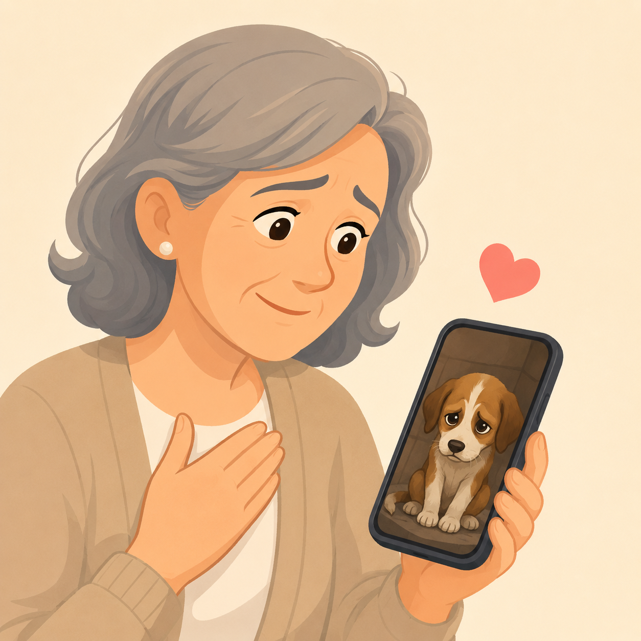 Persoon kijkt vol medelijden naar een zielig hondje op de smartphone