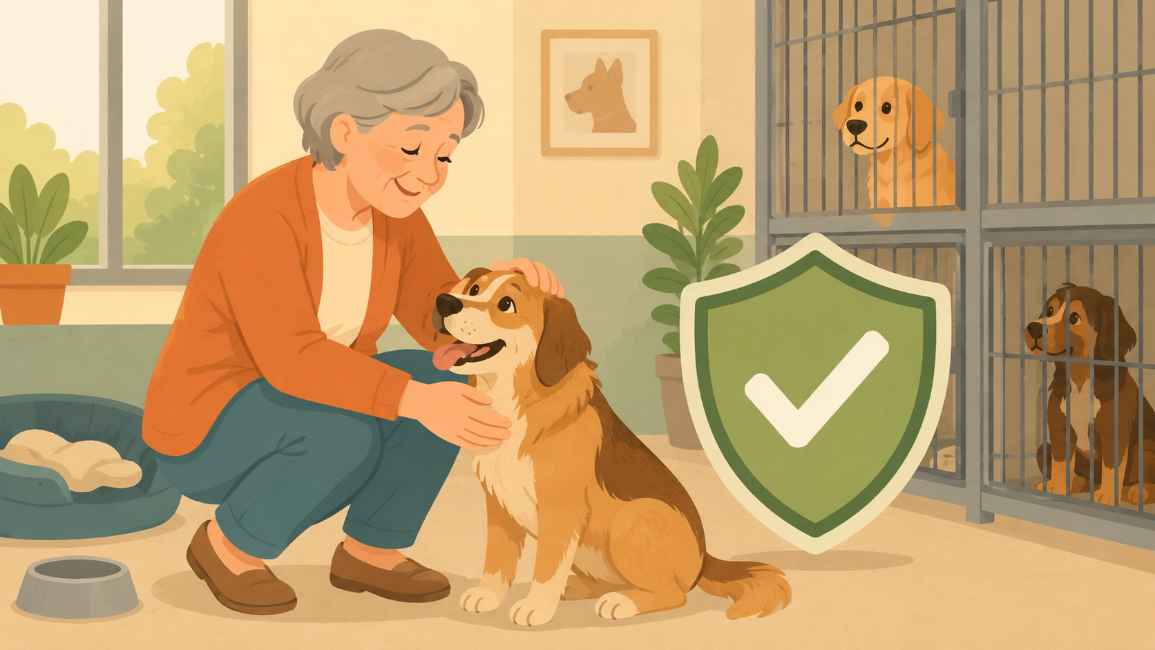 Persoon bezoekt een echt hondje bij een erkend asiel, met een beschermend schild