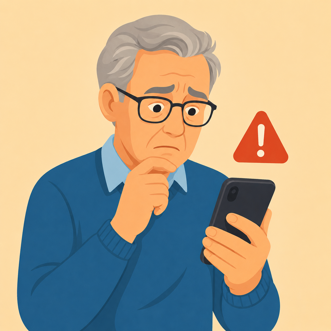 Oudere persoon die bezorgd en aarzelend naar een verzoek op de smartphone kijkt