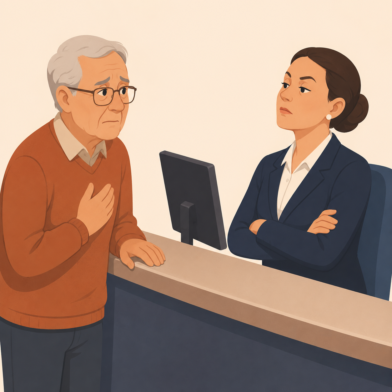 Oudere persoon aan een balie die zich beleefd verplicht voelt en twijfelt