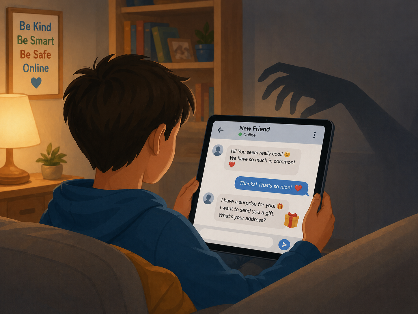 Kind dat op een tablet speelt met een verdacht chatbericht