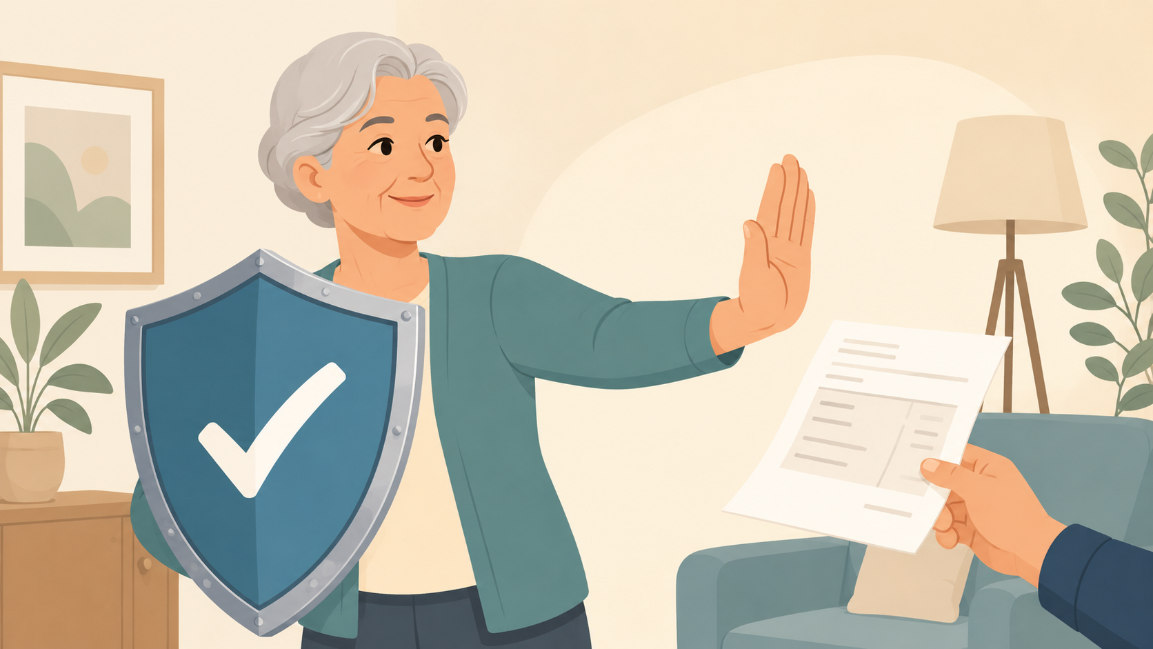 Persoon wuift een verdachte factuur weg, met een beschermend schild