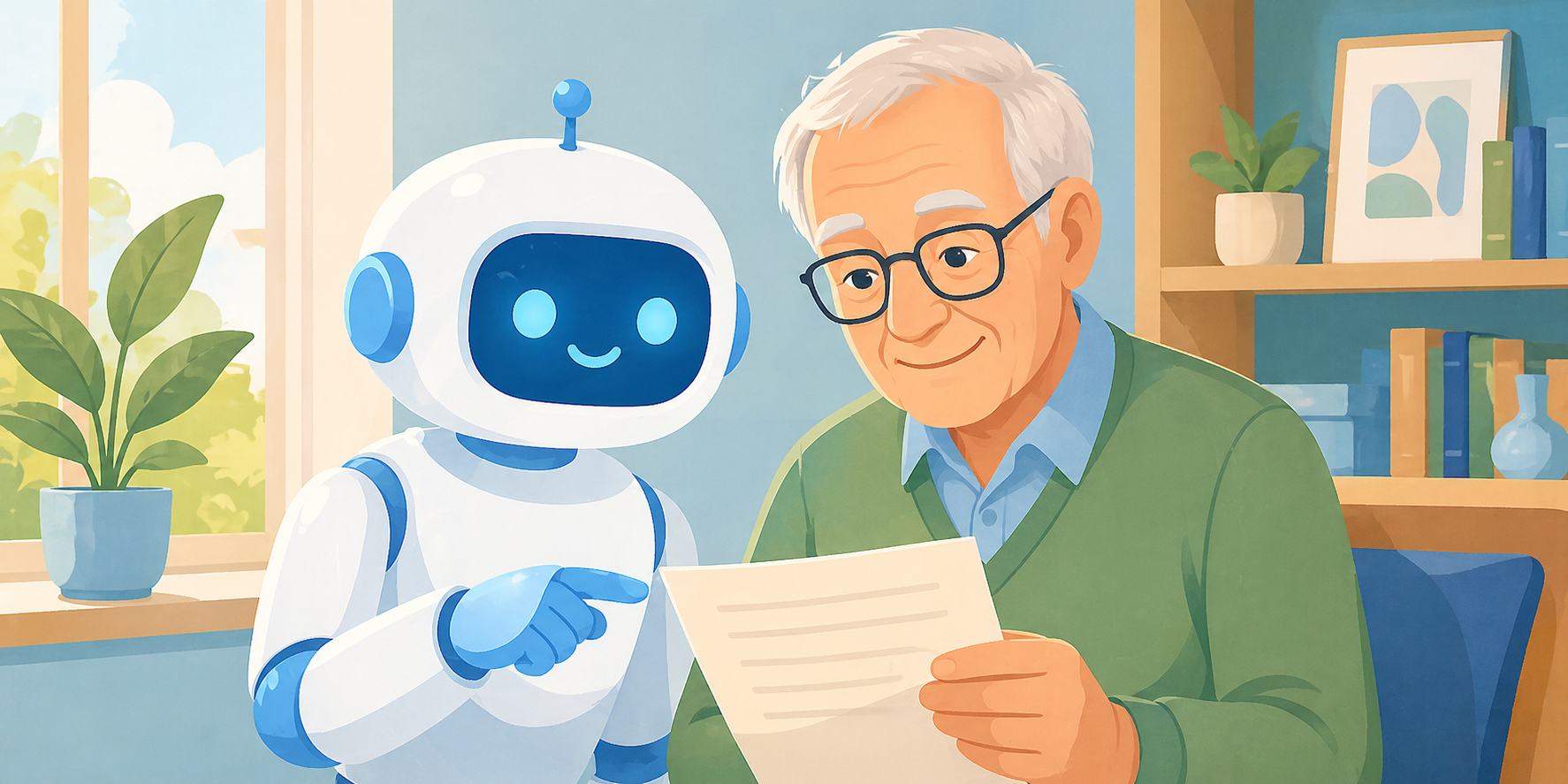 Vriendelijke robot die met een mens praat