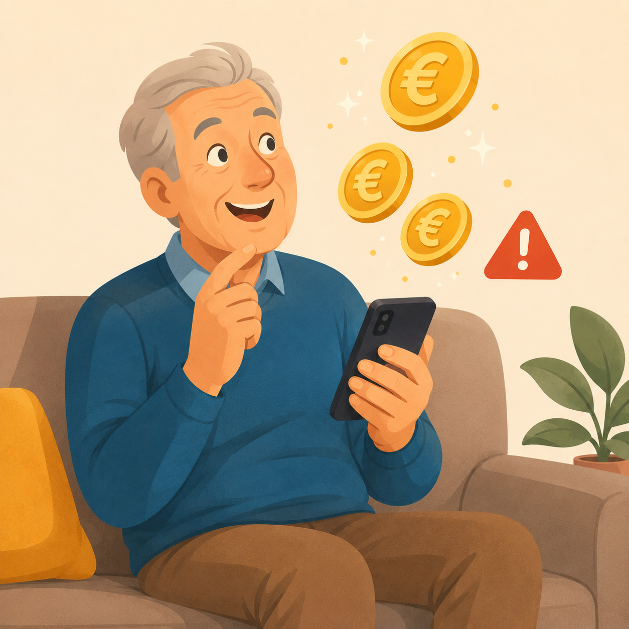Persoon die blij verrast naar zwevende euromunten op de smartphone kijkt