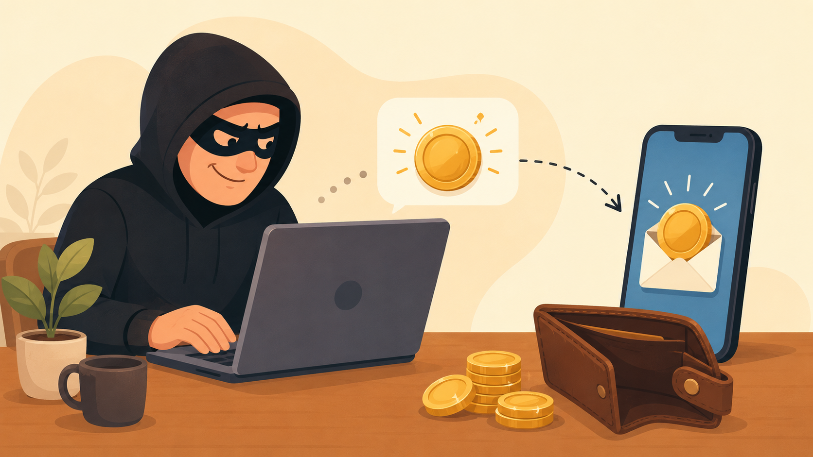 Oplichter aan een laptop stuurt een lokkend geldbericht